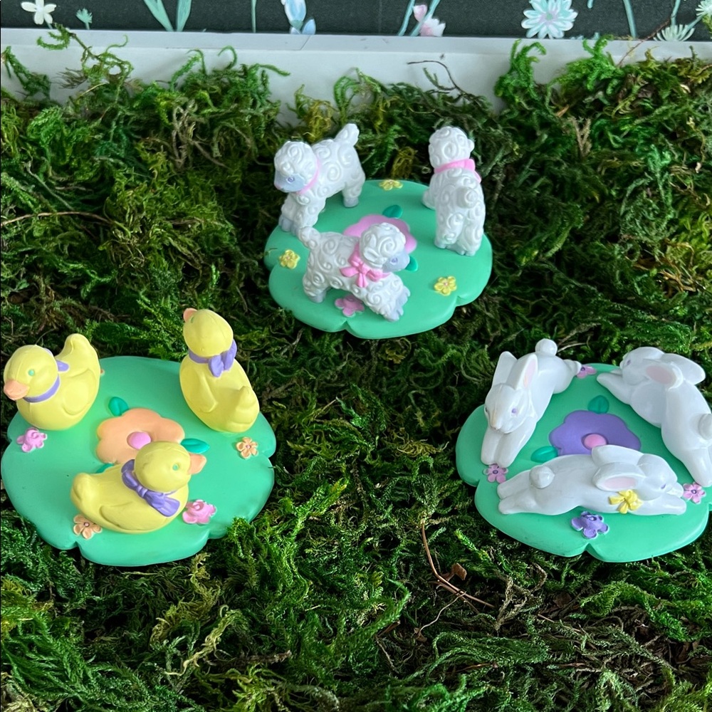 VINTAGE AVON whimsical Easter egg resin holders, baby ducks, bunnies, sheep. 90s